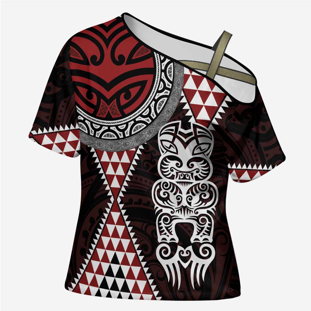 Red Aotearoa Niho Taniwha Cross Shoulder Shirt Maori Mythology Tooth - Taniko Motifs - Aussie Hoodie