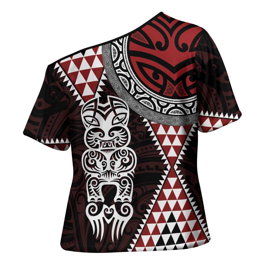 Red Aotearoa Niho Taniwha Cross Shoulder Shirt Maori Mythology Tooth - Taniko Motifs - Aussie Hoodie