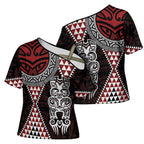 Red Aotearoa Niho Taniwha Cross Shoulder Shirt Maori Mythology Tooth - Taniko Motifs - Aussie Hoodie