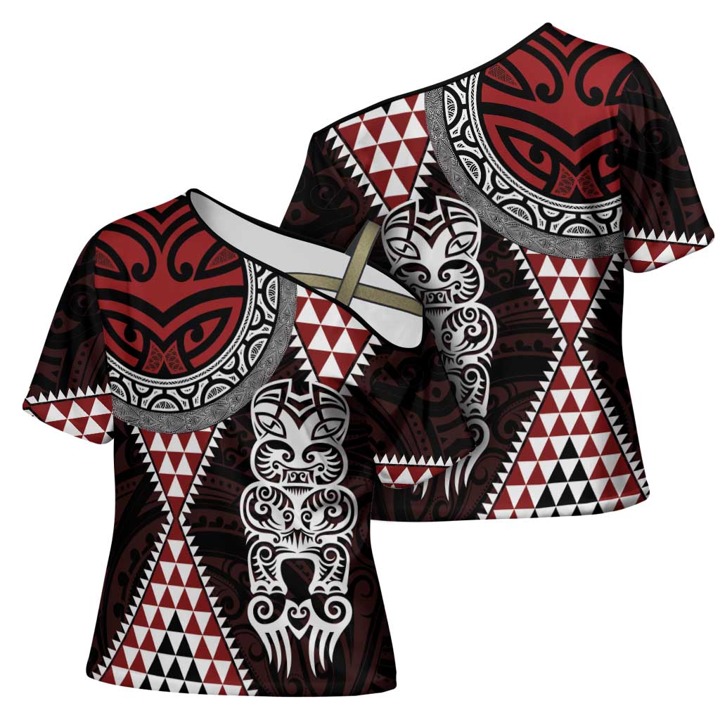 Red Aotearoa Niho Taniwha Cross Shoulder Shirt Maori Mythology Tooth - Taniko Motifs - Aussie Hoodie