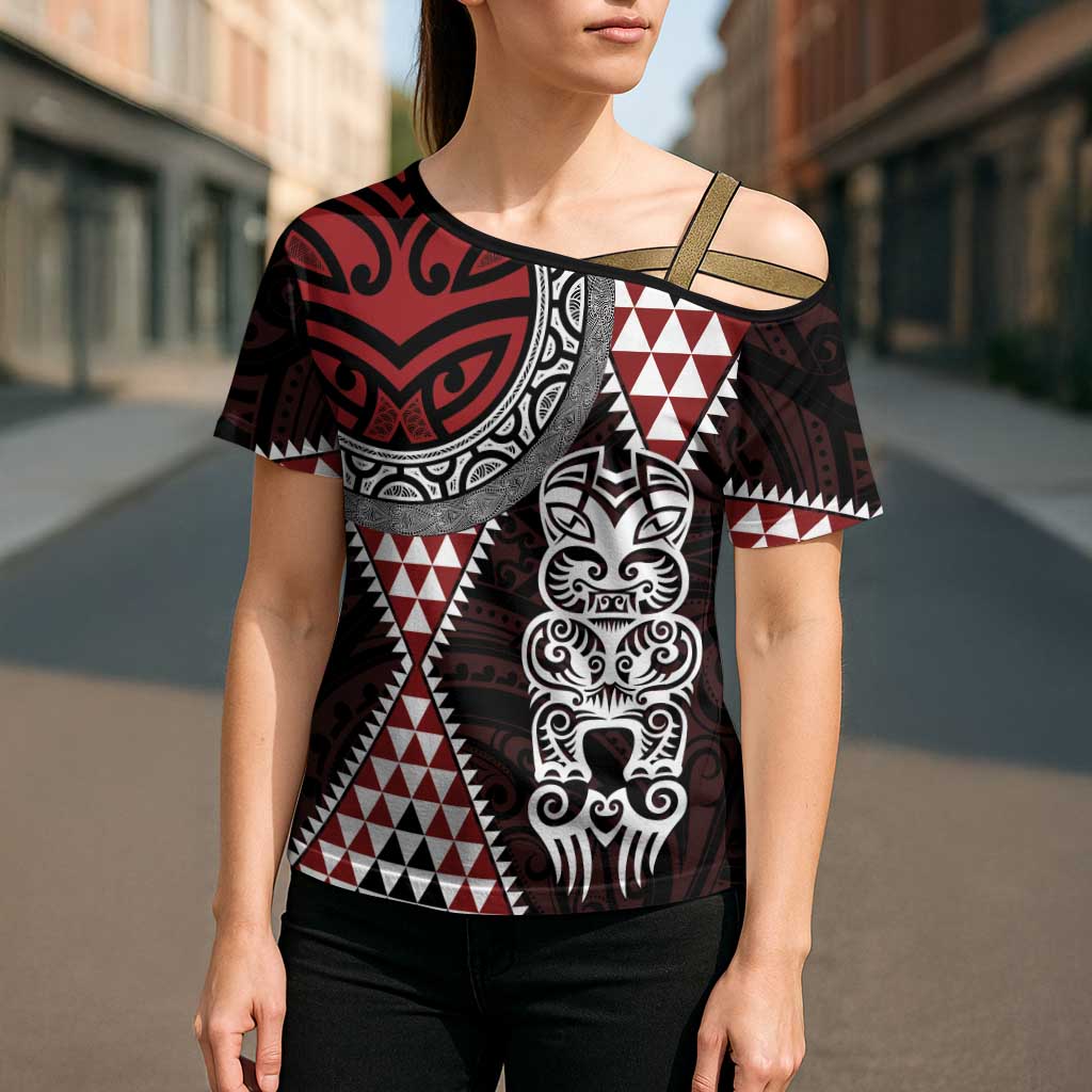 Red Aotearoa Niho Taniwha Cross Shoulder Shirt Maori Mythology Tooth - Taniko Motifs - Aussie Hoodie