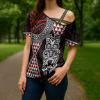 Red Aotearoa Niho Taniwha Cross Shoulder Shirt Maori Mythology Tooth - Taniko Motifs - Aussie Hoodie