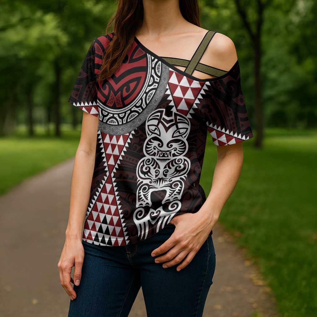 Red Aotearoa Niho Taniwha Cross Shoulder Shirt Maori Mythology Tooth - Taniko Motifs - Aussie Hoodie