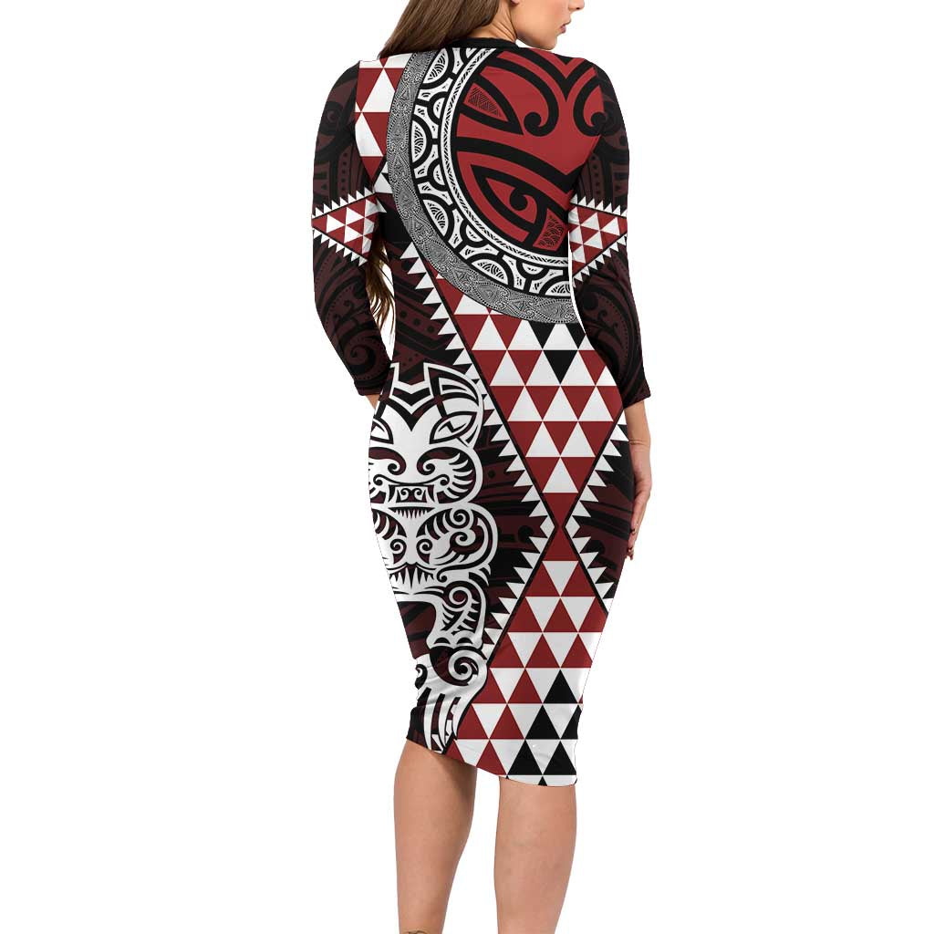 Red Aotearoa Niho Taniwha Family Matching Long Sleeve Bodycon Dress and Hawaiian Shirt Maori Mythology Tooth - Taniko Motifs