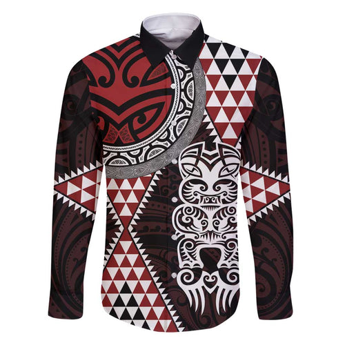 Red Aotearoa Niho Taniwha Family Matching Off Shoulder Maxi Dress and Hawaiian Shirt Maori Mythology Tooth - Taniko Motifs