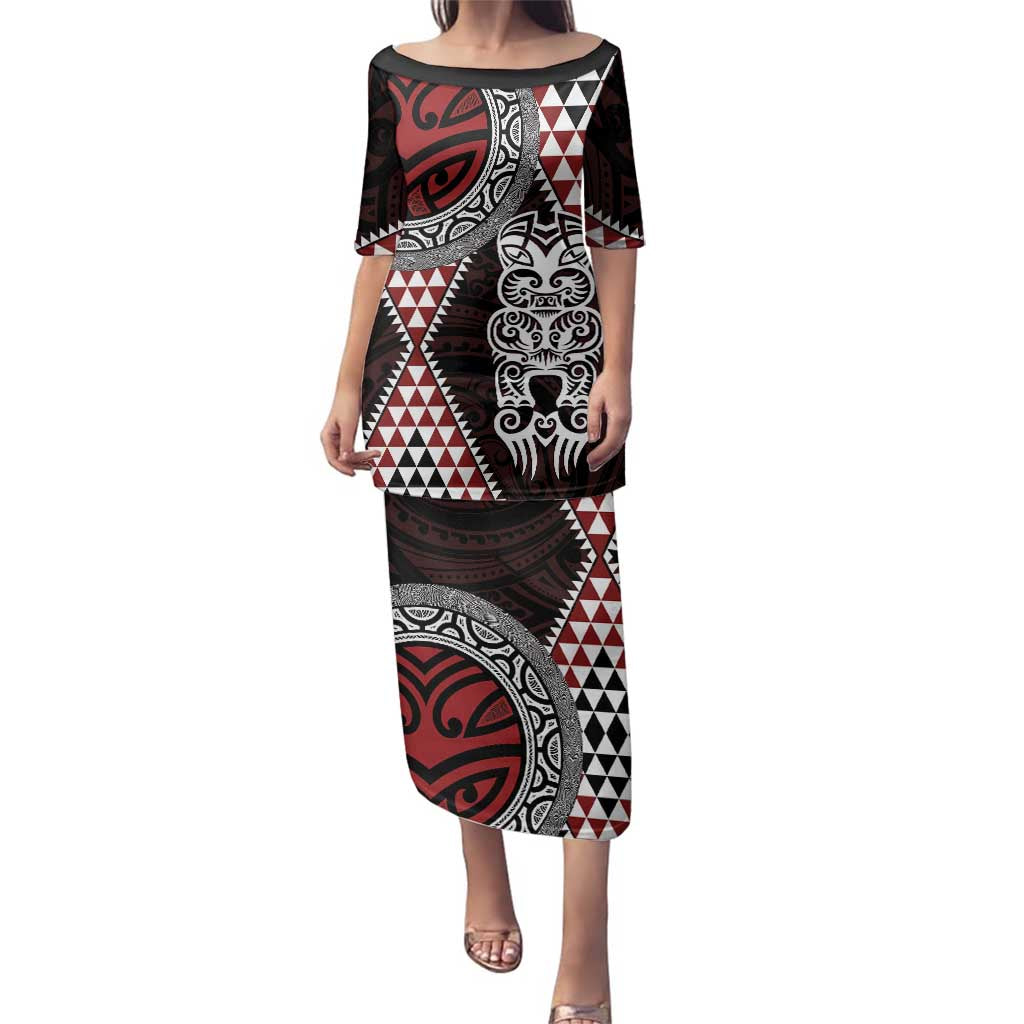 Red Aotearoa Niho Taniwha Family Matching Puletasi and Hawaiian Shirt Maori Mythology Tooth - Taniko Motifs
