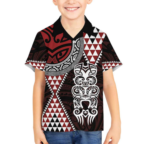 Red Aotearoa Niho Taniwha Family Matching Summer Maxi Dress and Hawaiian Shirt Maori Mythology Tooth - Taniko Motifs