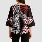 Red Aotearoa Niho Taniwha Kimono Sleeve Blouse Maori Mythology Tooth - Taniko Motifs - Aussie Hoodie