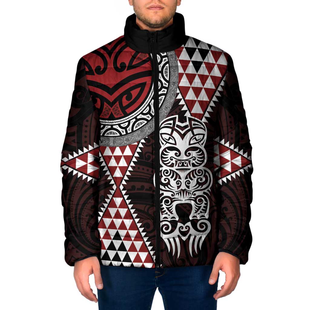 Red Aotearoa Niho Taniwha Padded Jacket Maori Mythology Tooth - Taniko Motifs - Aussie Hoodie