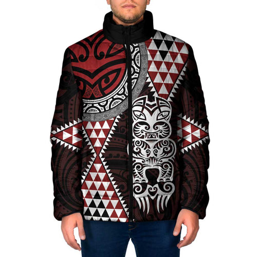 Red Aotearoa Niho Taniwha Padded Jacket Maori Mythology Tooth - Taniko Motifs - Aussie Hoodie