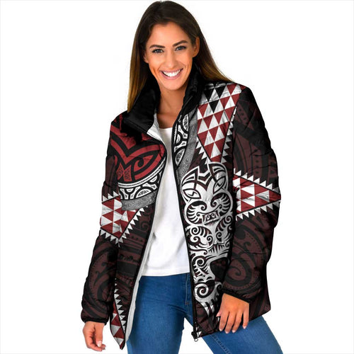 Red Aotearoa Niho Taniwha Padded Jacket Maori Mythology Tooth - Taniko Motifs - Aussie Hoodie