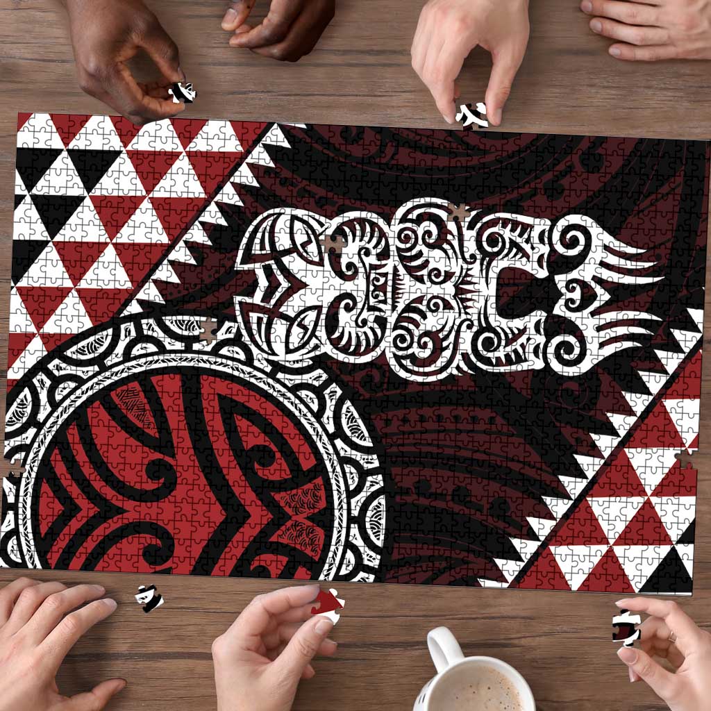Red Aotearoa Niho Taniwha Puzzle Maori Mythology Tooth - Taniko Motifs - Aussie Hoodie