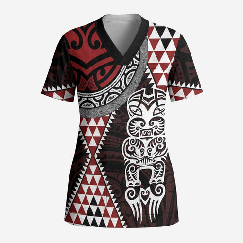 Red Aotearoa Niho Taniwha Scrub Top Maori Mythology Tooth - Taniko Motifs - Aussie Hoodie