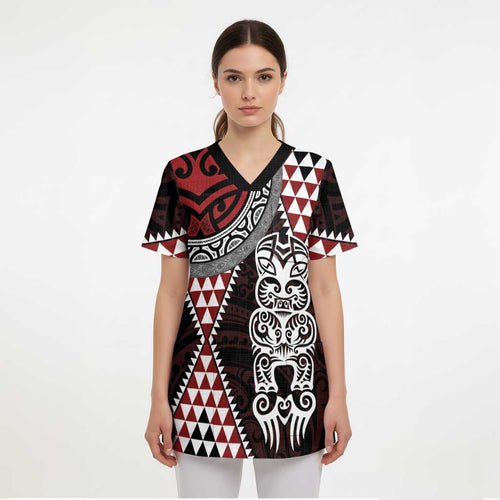 Red Aotearoa Niho Taniwha Scrub Top Maori Mythology Tooth - Taniko Motifs - Aussie Hoodie