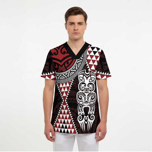 Red Aotearoa Niho Taniwha Scrub Top Maori Mythology Tooth - Taniko Motifs - Aussie Hoodie