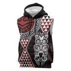 Red Aotearoa Niho Taniwha Sleeveless Hoodie Maori Mythology Tooth - Taniko Motifs - Aussie Hoodie