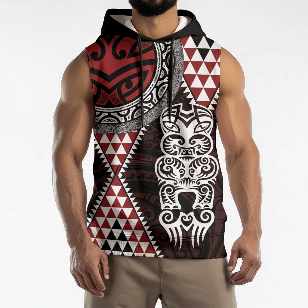 Red Aotearoa Niho Taniwha Sleeveless Hoodie Maori Mythology Tooth - Taniko Motifs - Aussie Hoodie