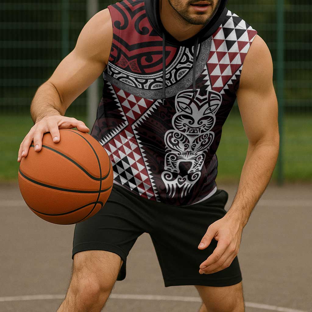 Red Aotearoa Niho Taniwha Sleeveless Hoodie Maori Mythology Tooth - Taniko Motifs - Aussie Hoodie