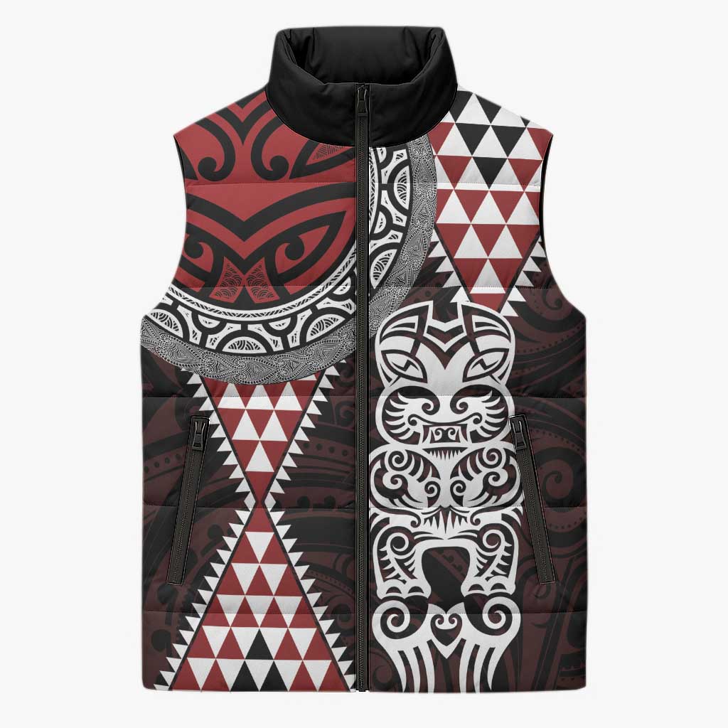 Red Aotearoa Niho Taniwha Sleeveless Puffer Jacket Maori Mythology Tooth - Taniko Motifs - Aussie Hoodie