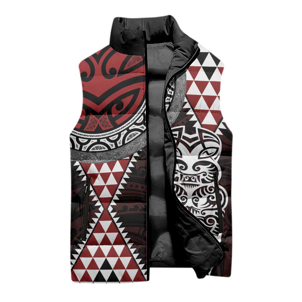 Red Aotearoa Niho Taniwha Sleeveless Puffer Jacket Maori Mythology Tooth - Taniko Motifs - Aussie Hoodie