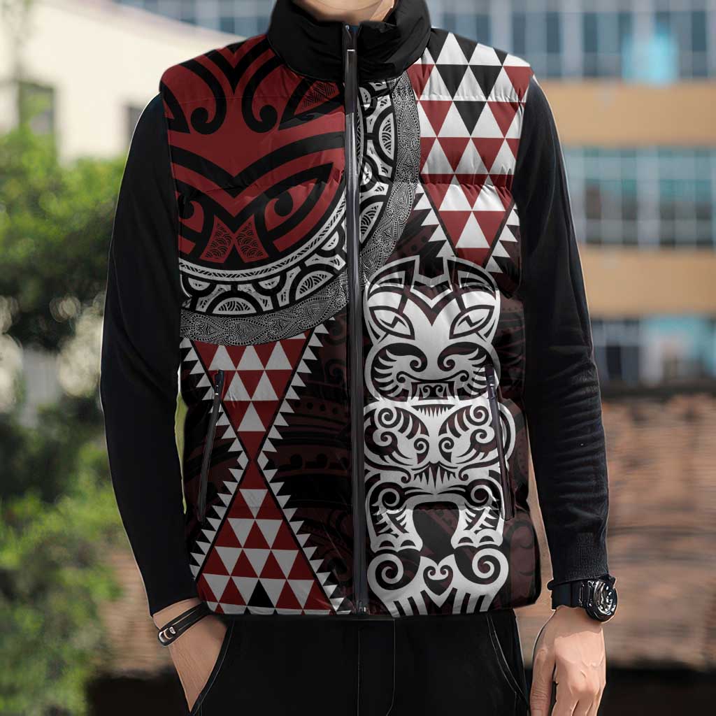 Red Aotearoa Niho Taniwha Sleeveless Puffer Jacket Maori Mythology Tooth - Taniko Motifs - Aussie Hoodie