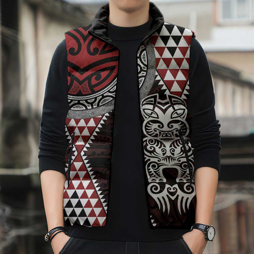 Red Aotearoa Niho Taniwha Sleeveless Puffer Jacket Maori Mythology Tooth - Taniko Motifs - Aussie Hoodie