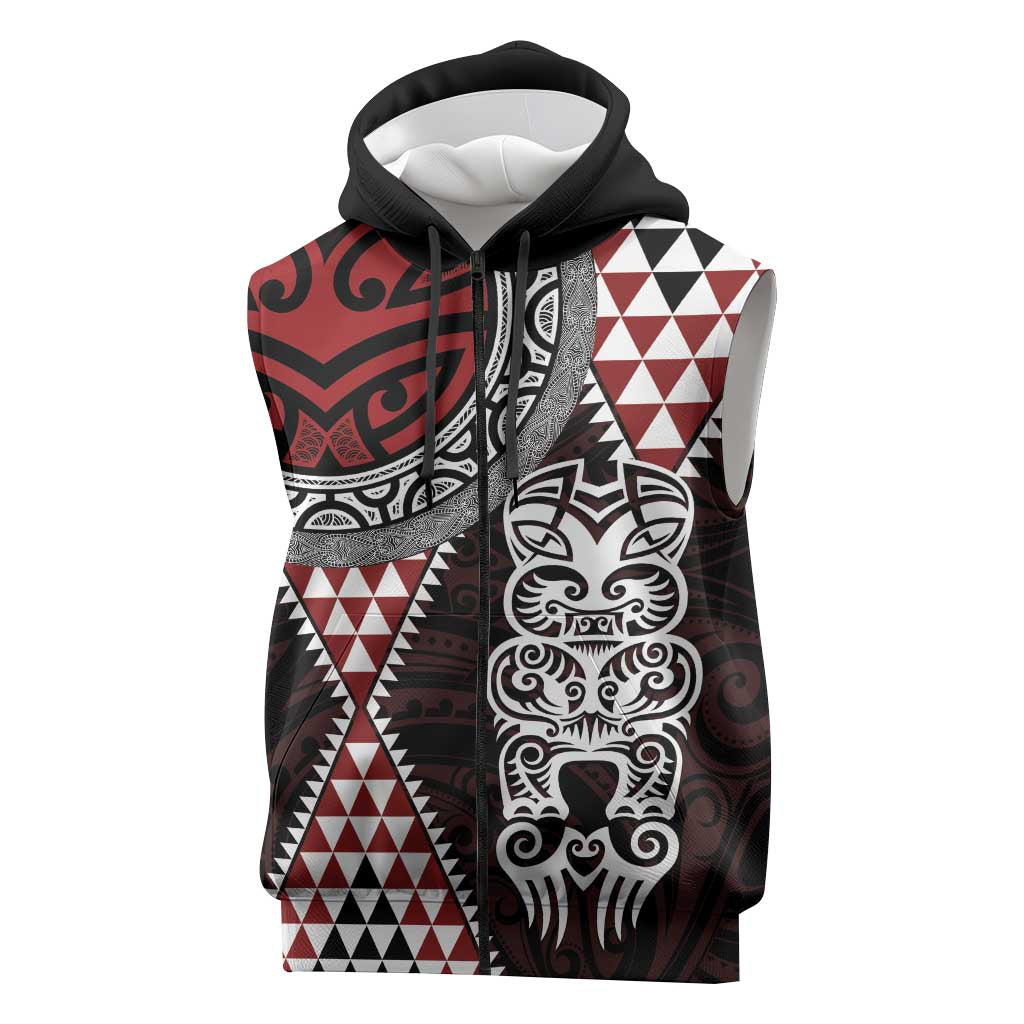 Red Aotearoa Niho Taniwha Sleeveless Zip Hoodie Maori Mythology Tooth - Taniko Motifs LT14