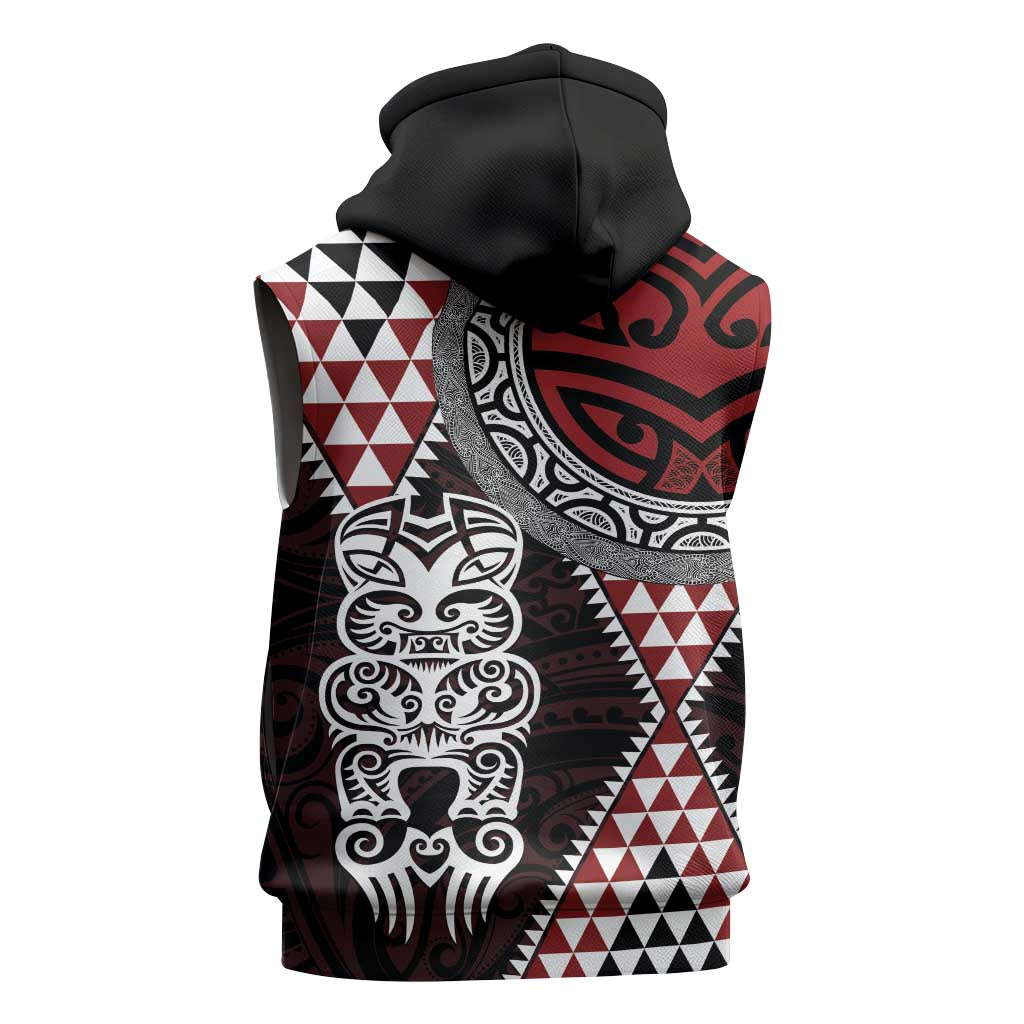 Red Aotearoa Niho Taniwha Sleeveless Zip Hoodie Maori Mythology Tooth - Taniko Motifs LT14