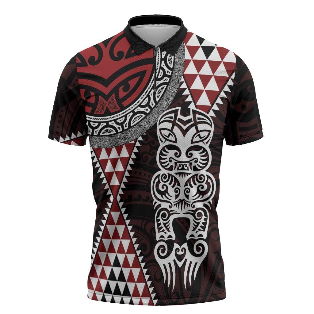 Red Aotearoa Niho Taniwha Zipper Polo Shirt Maori Mythology Tooth - Taniko Motifs - Aussie Hoodie