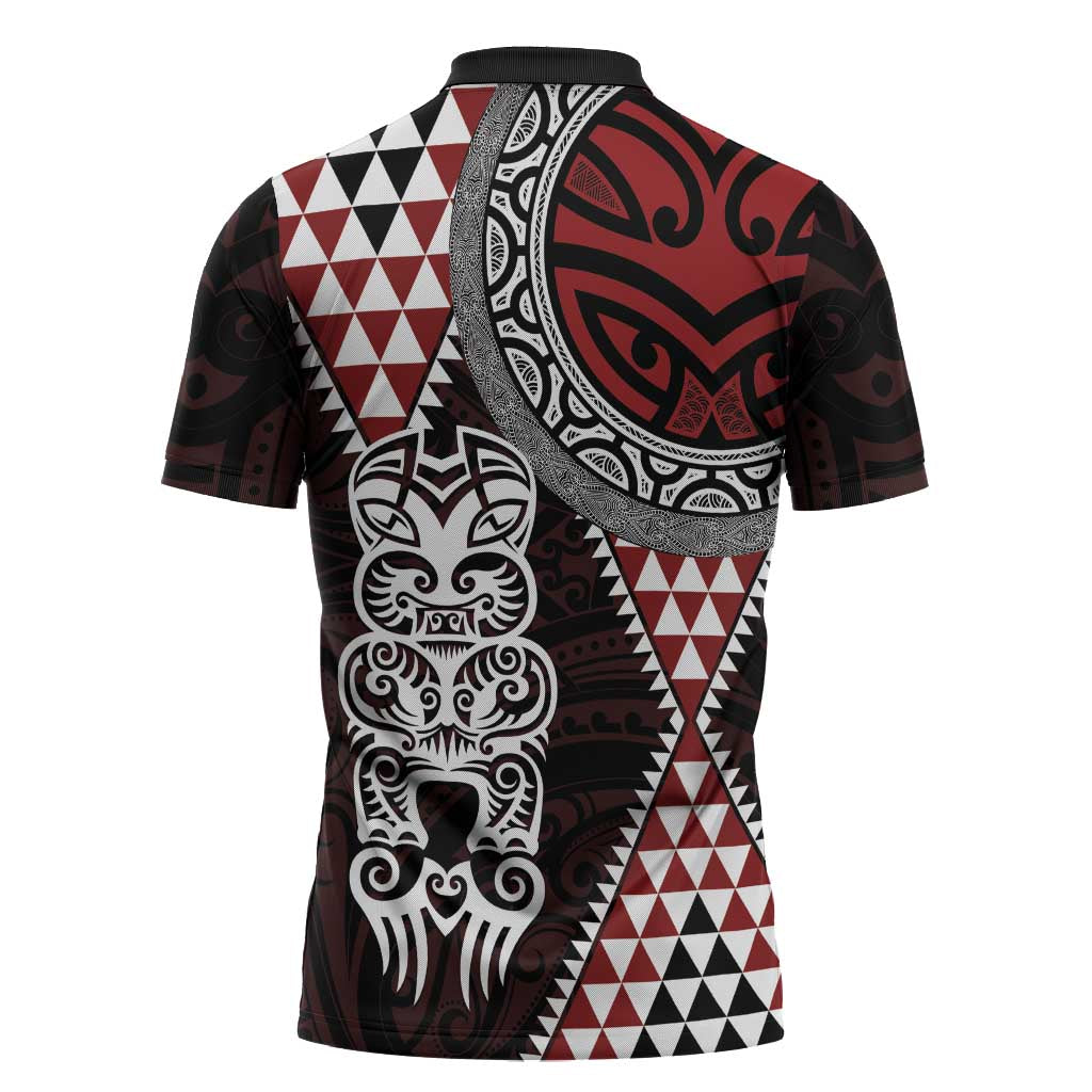 Red Aotearoa Niho Taniwha Zipper Polo Shirt Maori Mythology Tooth - Taniko Motifs - Aussie Hoodie