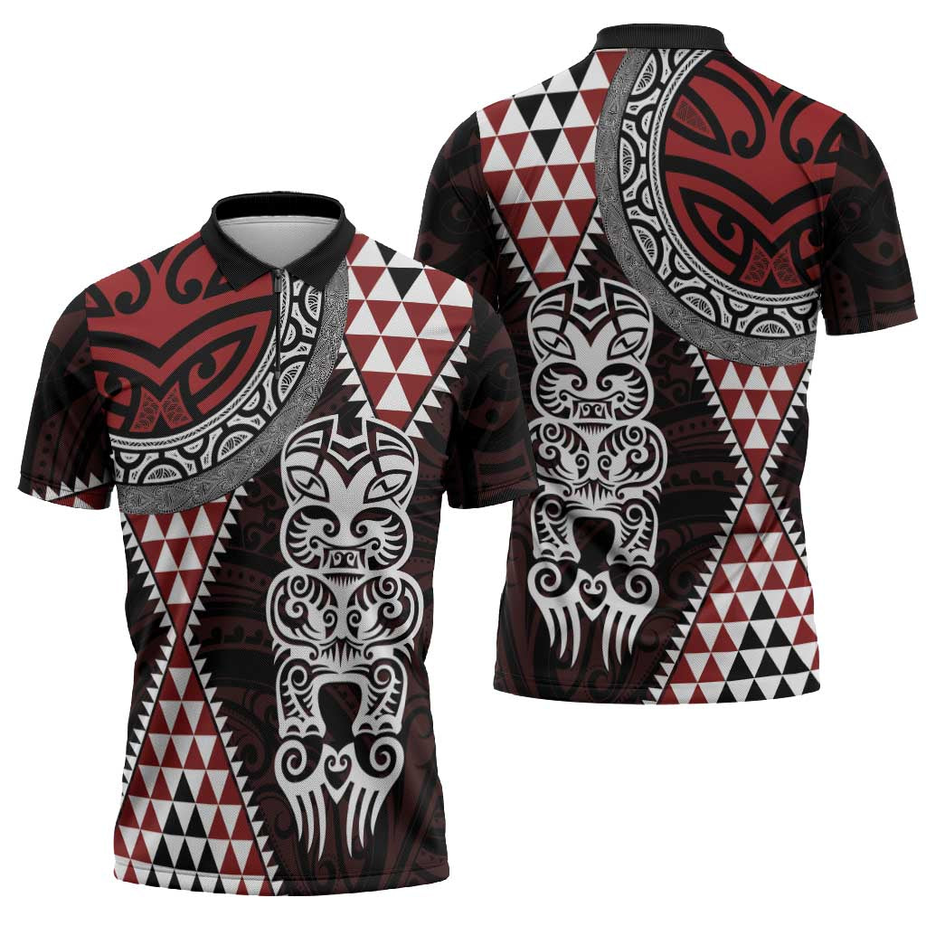 Red Aotearoa Niho Taniwha Zipper Polo Shirt Maori Mythology Tooth - Taniko Motifs - Aussie Hoodie
