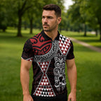 Red Aotearoa Niho Taniwha Zipper Polo Shirt Maori Mythology Tooth - Taniko Motifs - Aussie Hoodie