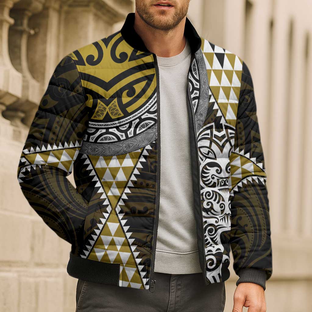 Yellow Aotearoa Niho Taniwha Bomber Puffer Jacket Maori Mythology Tooth - Taniko Motifs - Aussie Hoodie