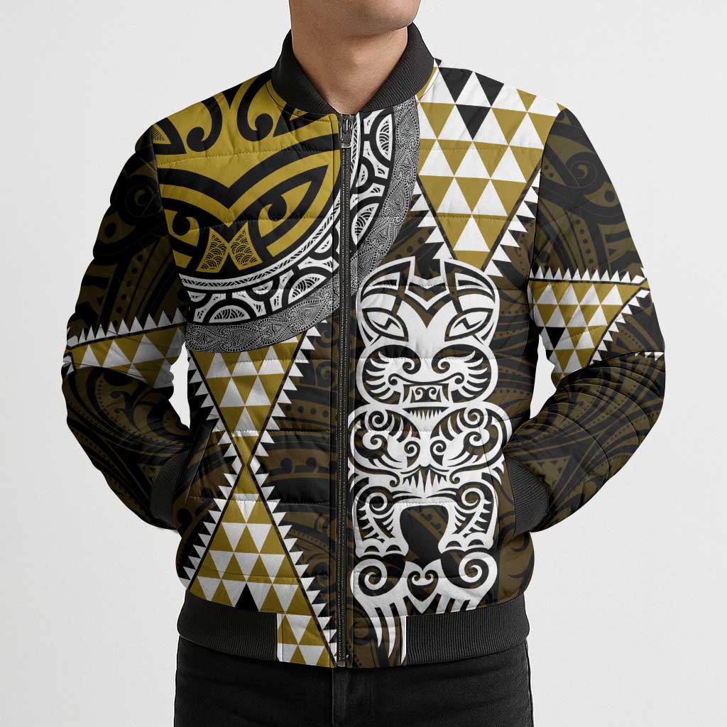 Yellow Aotearoa Niho Taniwha Bomber Puffer Jacket Maori Mythology Tooth - Taniko Motifs - Aussie Hoodie