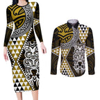 Yellow Aotearoa Niho Taniwha Couples Matching Long Sleeve Bodycon Dress and Long Sleeve Button Shirt Maori Mythology Tooth - Taniko Motifs