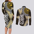 Yellow Aotearoa Niho Taniwha Couples Matching Long Sleeve Bodycon Dress and Long Sleeve Button Shirt Maori Mythology Tooth - Taniko Motifs