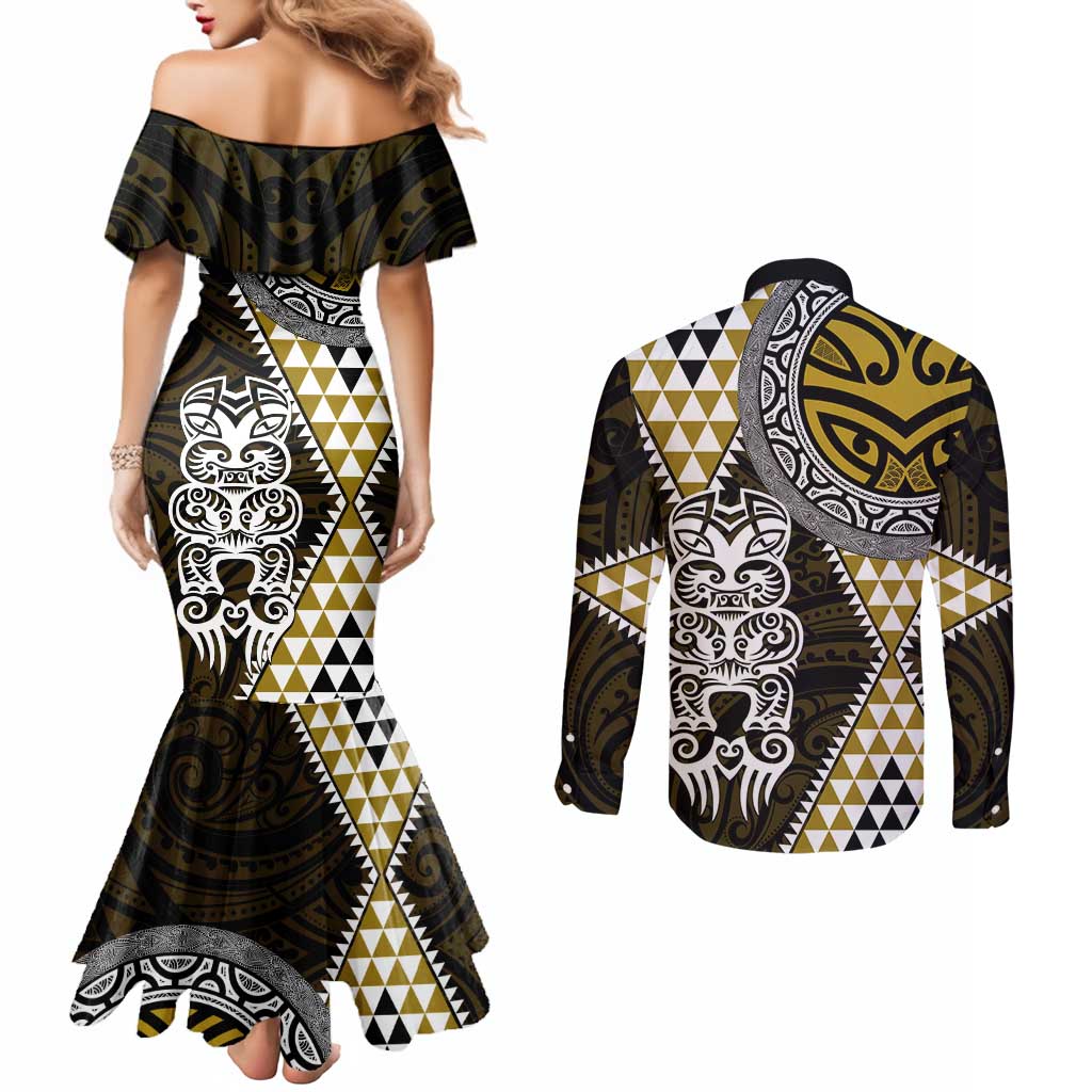 Yellow Aotearoa Niho Taniwha Couples Matching Mermaid Dress and Long Sleeve Button Shirt Maori Mythology Tooth - Taniko Motifs