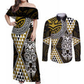 Yellow Aotearoa Niho Taniwha Couples Matching Off Shoulder Maxi Dress and Long Sleeve Button Shirt Maori Mythology Tooth - Taniko Motifs