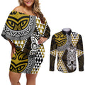 Yellow Aotearoa Niho Taniwha Couples Matching Off Shoulder Short Dress and Long Sleeve Button Shirt Maori Mythology Tooth - Taniko Motifs
