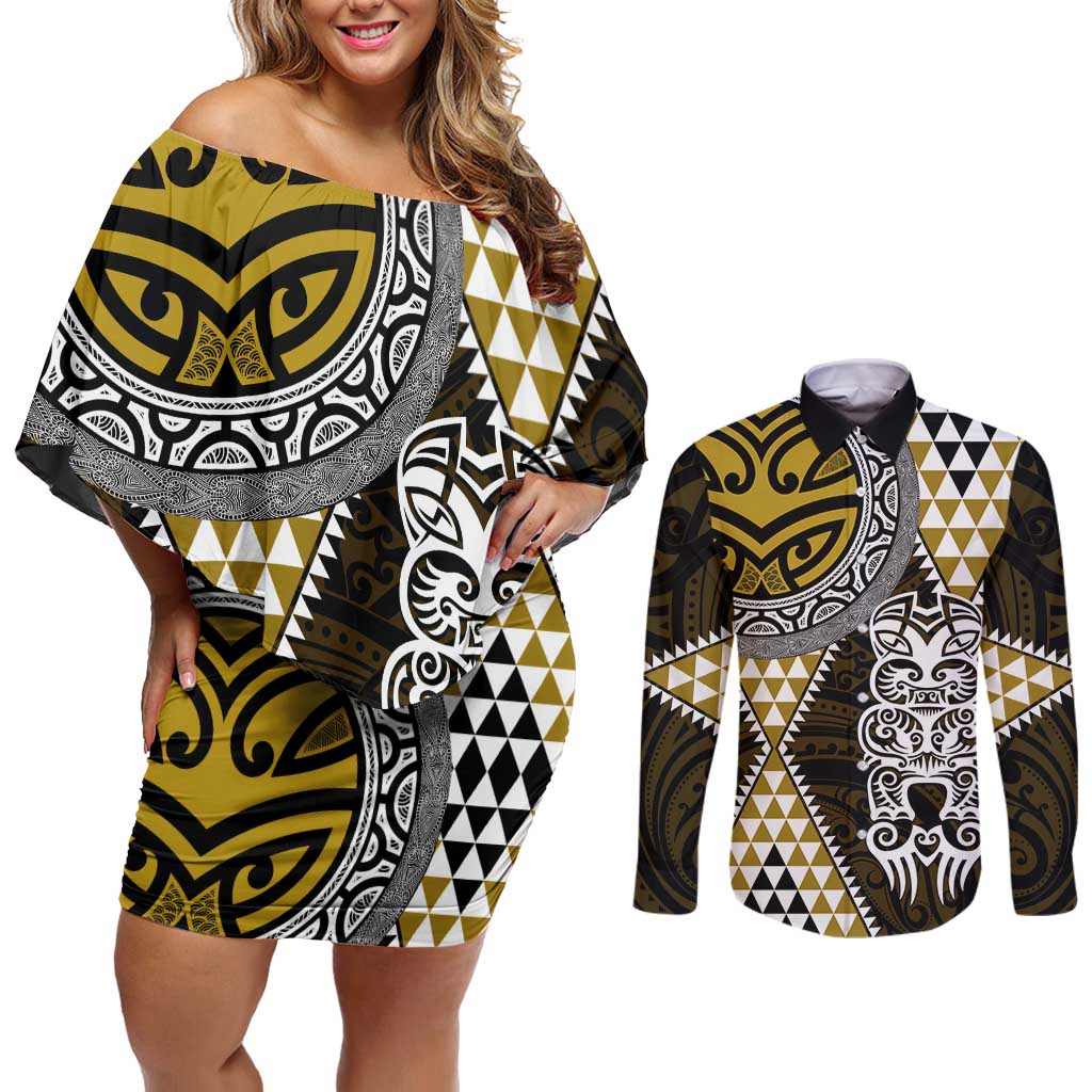 Yellow Aotearoa Niho Taniwha Couples Matching Off Shoulder Short Dress and Long Sleeve Button Shirt Maori Mythology Tooth - Taniko Motifs