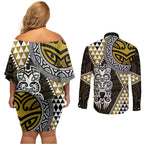Yellow Aotearoa Niho Taniwha Couples Matching Off Shoulder Short Dress and Long Sleeve Button Shirt Maori Mythology Tooth - Taniko Motifs
