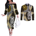 Yellow Aotearoa Niho Taniwha Couples Matching Off The Shoulder Long Sleeve Dress and Long Sleeve Button Shirt Maori Mythology Tooth - Taniko Motifs