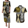 Yellow Aotearoa Niho Taniwha Couples Matching Puletasi and Hawaiian Shirt Maori Mythology Tooth - Taniko Motifs