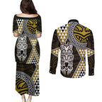 Yellow Aotearoa Niho Taniwha Couples Matching Puletasi and Long Sleeve Button Shirt Maori Mythology Tooth - Taniko Motifs