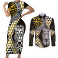 Yellow Aotearoa Niho Taniwha Couples Matching Short Sleeve Bodycon Dress and Long Sleeve Button Shirt Maori Mythology Tooth - Taniko Motifs
