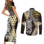 Yellow Aotearoa Niho Taniwha Couples Matching Short Sleeve Bodycon Dress and Long Sleeve Button Shirt Maori Mythology Tooth - Taniko Motifs