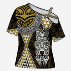 Yellow Aotearoa Niho Taniwha Cross Shoulder Shirt Maori Mythology Tooth - Taniko Motifs - Aussie Hoodie