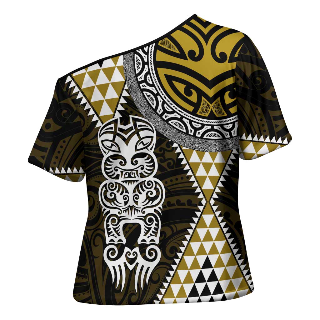 Yellow Aotearoa Niho Taniwha Cross Shoulder Shirt Maori Mythology Tooth - Taniko Motifs - Aussie Hoodie