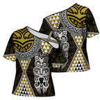 Yellow Aotearoa Niho Taniwha Cross Shoulder Shirt Maori Mythology Tooth - Taniko Motifs - Aussie Hoodie
