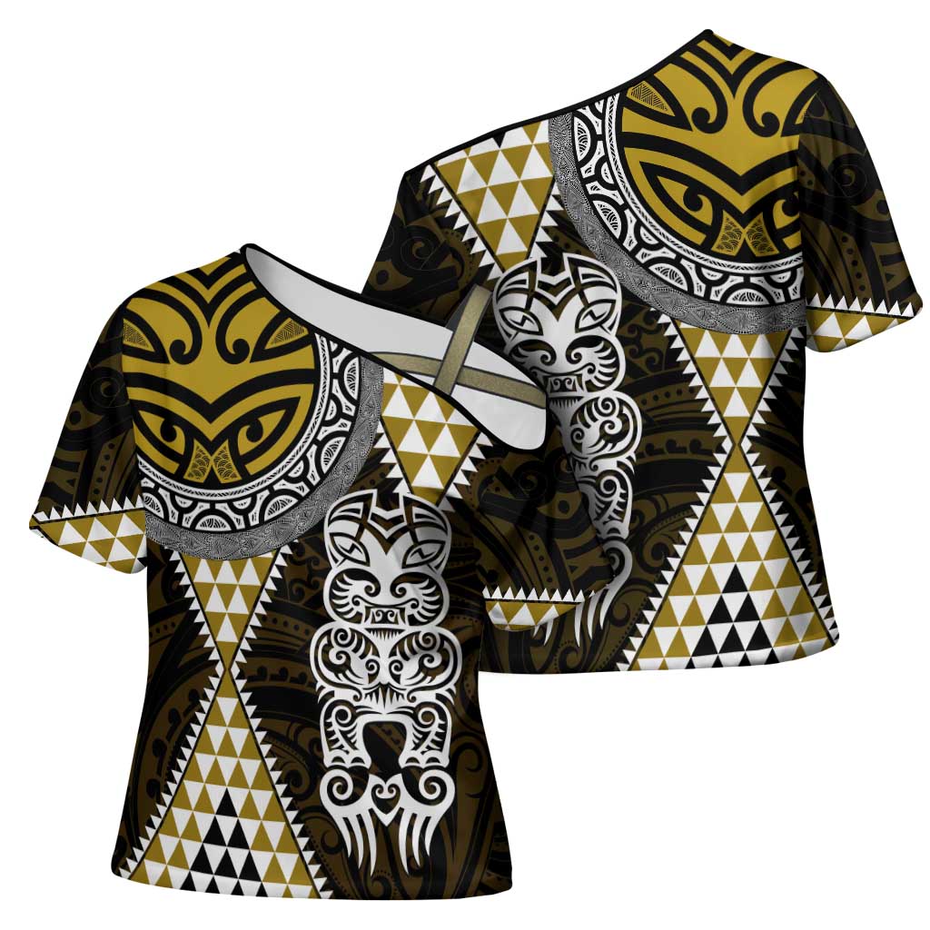 Yellow Aotearoa Niho Taniwha Cross Shoulder Shirt Maori Mythology Tooth - Taniko Motifs - Aussie Hoodie